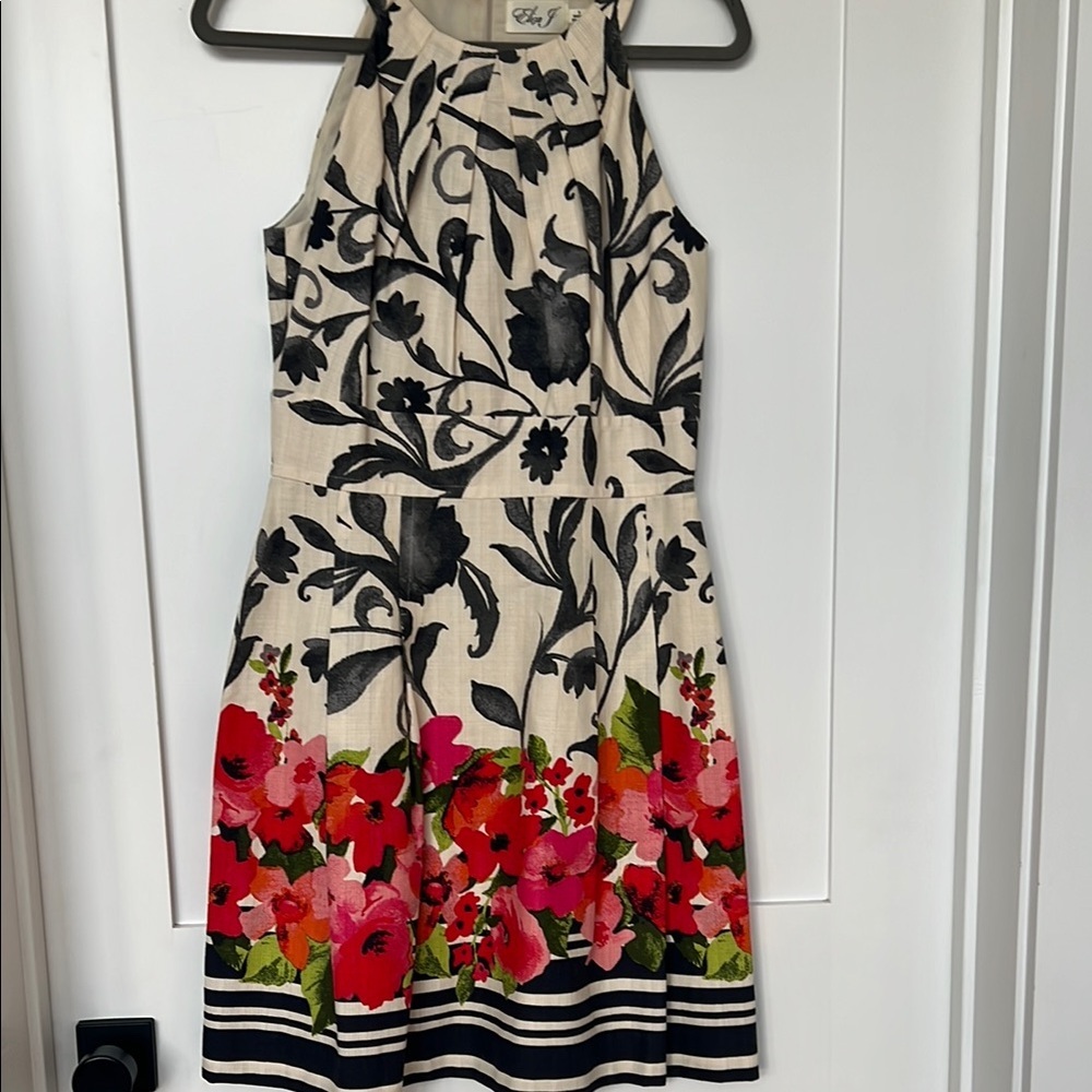 Eliza J Gray and Black A-line Halter Mini Dress for Wedding Guest